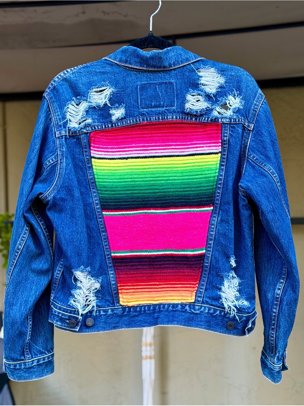 Vintage Gap Custom DIY Serape Denim Jacket Distressed Boho Upcycled XS